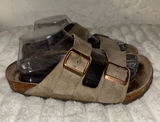 Birkenstock Taupe Suede Two-Strap Sandals with Gold Buckles Photo 0