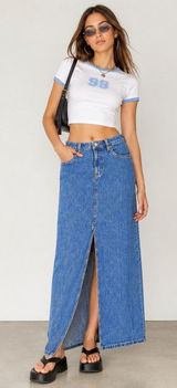 Vtg Y2k Old Navy Denim Maxi Skirt Sz 6 90s Grunge Front Slit Indie Sleaze Jean Photo 0
