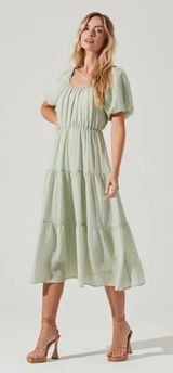 ASTR The Label Sage Green Puff Sleeve Tiered Midi Dress Small AC12384 Photo 0