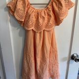 Eyelet Off Shoulder Dress Ruffle Sleeves Summer Casual Peach Mini Photo 0
