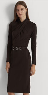 NWOT Lauren Ralph Lauren Brown Belted Mockneck Jersey Dress 14 Stretch Photo 0