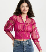 Free People Time To Shine Pink Floral Mesh Long Balloon Sleeve Crop Blouse XS Photo 0