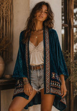Boho Large L Crushed Velvet Kimono Embroidered Teal Open Front ANDREE By Unit Photo 0