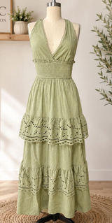 100% cotton Boho Sage Green Eyelet Tiered Halter Maxi Dress Photo 0