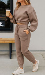 Zenana 2 Pcs Crop Sweatshirt Tracksuit Jogger Pants Set Outfit Active Loungewear Beige Size L Photo 0
