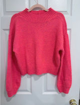 American Eagle Neon Pink Mock Neck Cropped Sweater XS Marl Knit Pullover Photo 0
