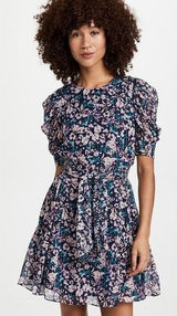 Shoshanna Floral Print Mini Dress Short Sleeve Tie Waist Purple Blue Size 14‎ Photo 0