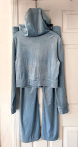 Juicy Couture Baby Blue Velvet Zipper Hoodie Jacket Pants Set Rhinestone Y2K XL Photo 0