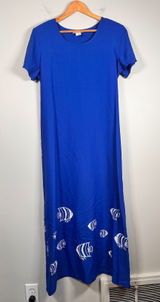 Connie Choi Maxi Dress Womens M Blue Fish Print Vintage 90s Short Sleeve‎ USA Photo 0