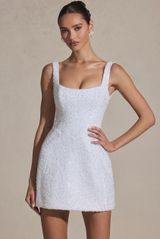 Embellished Structured A-Line Mini Dress in White (Bridal) Photo 0