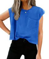 NWT Tankaneo Blue Cap Sleeve Crop Tank Top Pocket Crewneck Casual Small Photo 0