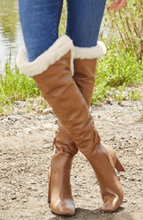 BCBGMAXAZRIA Tan Leather Over The Knee Boot Faux Fur High Block Heel Size 7 Photo 0