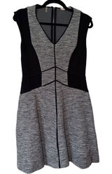 Rebecca Taylor Grey Black Colorblock Fit Flare Dress Cap Sleeve V-Neck Zip Back Photo 0