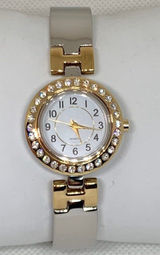 Women’s silver gold tone watch rhinestones 26mm quartz analog white dial running Photo 0