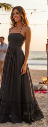 HYFVE Black Halter Smocked Maxi Dress with Tiered Ruffle Hem L Photo 0