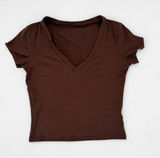 SheIn Women’s Brown V Neck Short Sleeve T Shirt Fitted Basic Tee Casual Y2K Size Small Photo 0