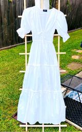 White Cotton Blend Tiered Puff Sleeves Maxi Dress M Photo 0