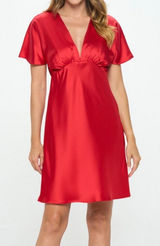Renee C Satin Deep V-Neck Flutter Sleeve Mini Dress Red Large Cocktail $176‎ Photo 0