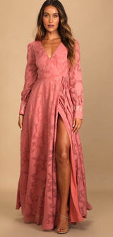 Lulus Kept Your Love Rose Pink Floral Jacquard Long Sleeve Maxi Dress Size XL Photo 0