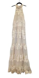Champagne & Strawberry Tiered Maxi Dress With Crochet Trim & Floral Appliqué Photo 0
