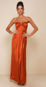 NWT Lulus Memorable Entrance Rust Orange Strapless Satin Maxi Dress Bridesmaid M Photo 0
