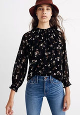 Madewell XL Black Floral Smocked Mock Neck Long Sleeve Blouse Romantic Photo 0