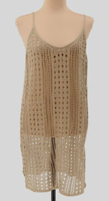 Crochet Knit Beach Cover Up Dress Tan Boho Resort‎ Summer Vacation Layering OS Photo 0