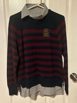 Ralph Lauren Navy & Burgundy Layered Bullion-Crest Top Striped Crewneck Photo 0