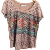 Maurices Women's Taupe Crochet Embellished Boho Geometric Print Tunic Top Size M Photo 0