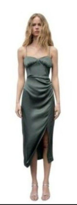 ZARA Green Satin Ruched Sweetheart Slip Midi Dress Spaghetti Strap Size S Photo 0