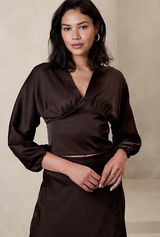 Banana‎ Republic Brown Satin Cropped Blousant-Sleeve Blouse Costa Coffee 10 FA23 Photo 0