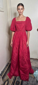 VTG 80s Romantic Red Taffeta Party Dress Puff Sleeve Square Neck Maxi Prom Gown Photo 0