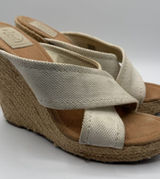 Tory Burch Kristen Espadrille Wedge Sandals Cream Canvas Gold Logo Women’s 10 Photo 0