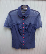 Belle Poque Navy Blue Sheer Mesh Heart Button Blouse Rockabilly Pinup Small Photo 0