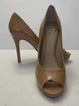 Saks 5th Avenue Patent Leather Platform Peep Toe Heels Tan‎ Nude Womens 10 Photo 0