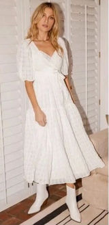 Lulu's Hello Sweetheart White Puff Sleeve Tiered Midi Dress Size Medium NWT Photo 0