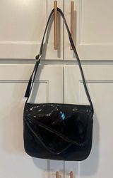 Vintage Black Patent Leather Shoulder Bag Purse Flap Gold Buckle Genesis Photo 0