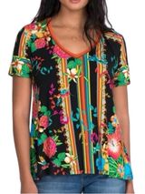 Johnny Was Women’s Size XL Black Multi Floral Bird Stripe V-Neck Tee T-Shirt Photo 0