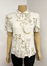 Vintage Big Cat Print Short Sleeve Button Down Shirt Ivory Gold Tiger Cheetah Photo 0