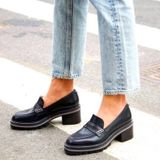Bernardo Selma Black Leather Lug Sole Penny Loafers Chunky Stacked Heel Academia Photo 0