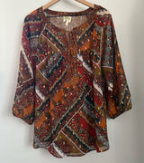 Fig & Flower 2X Tie Front Blouse Paisley Peasant Gypsy Boho Puff Sleeve Relaxed Photo 0