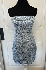 Altar’d State Floral Blue Strapless Dress Notch Slit Mini NWOT Photo 0