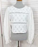 Zara Eyelet Balloon Sleeve Crop Top Shirt White Medium Cottagecore‎ Boho Country Photo 0