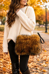 Faux Fur Shoulder Crossbody Bag Brown Gold Chain Cozy Winter Plush Handbag Purse Photo 0