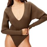 Good American Bodysuit Rib Plunge V-Neck Dolman Sleeve Thong Butt Brown 1 S NWT Photo 0