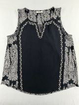 Lucky Brand Sleeveless Paisley Blouse‎ Medium Black White Embroidered Boho Top Photo 0