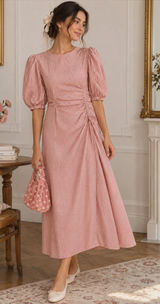 Zara Gathered Waist Puff Sleeve Pink Plaid Midi Dress S Style 4786/056 Photo 0