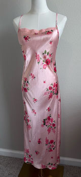 Y2K Cruz Pink Floral Satin Maxi Slip Dress Cowl Neck Coquette Barbiecore Photo 0