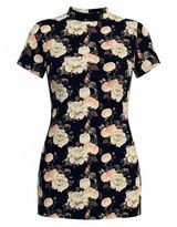 Dice Soft Black Floral Rose‎ Printed Mini Shirt Dress Mock Neck Keyhole Size Xl Photo 0