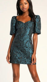 Lulu's Beyond Amazing Dark Teal Blue Floral Jacquard Puff Sleeve Dress Small Photo 0